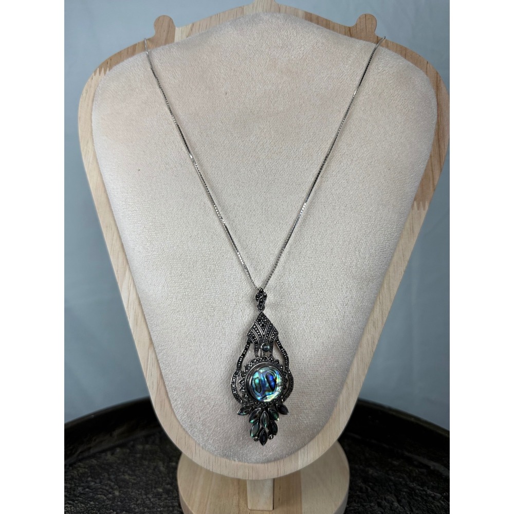925 Sterling Silver Abalone Shell Brooch Pendant Necklace 3" Statement Vintage